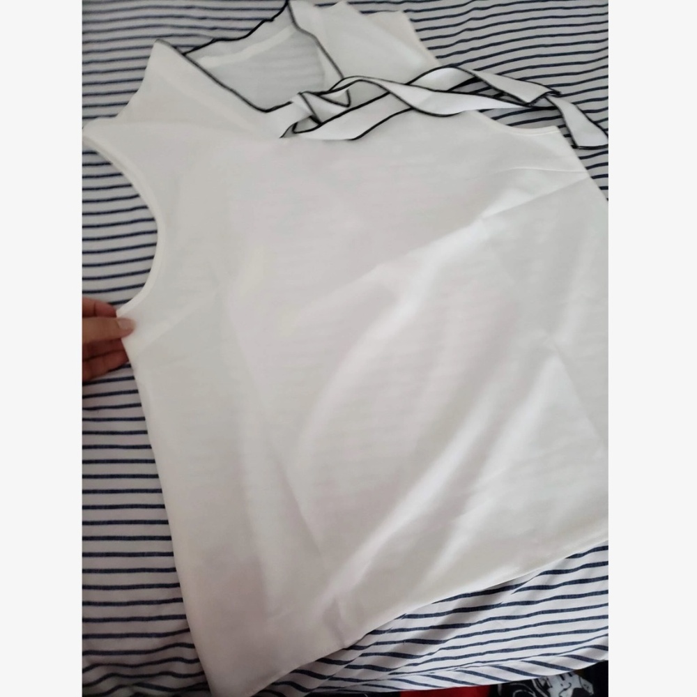 White Blouse Black Trim Tie Front Neck Sleeveless Blouse Office Top Shirt - Picture 10 of 11